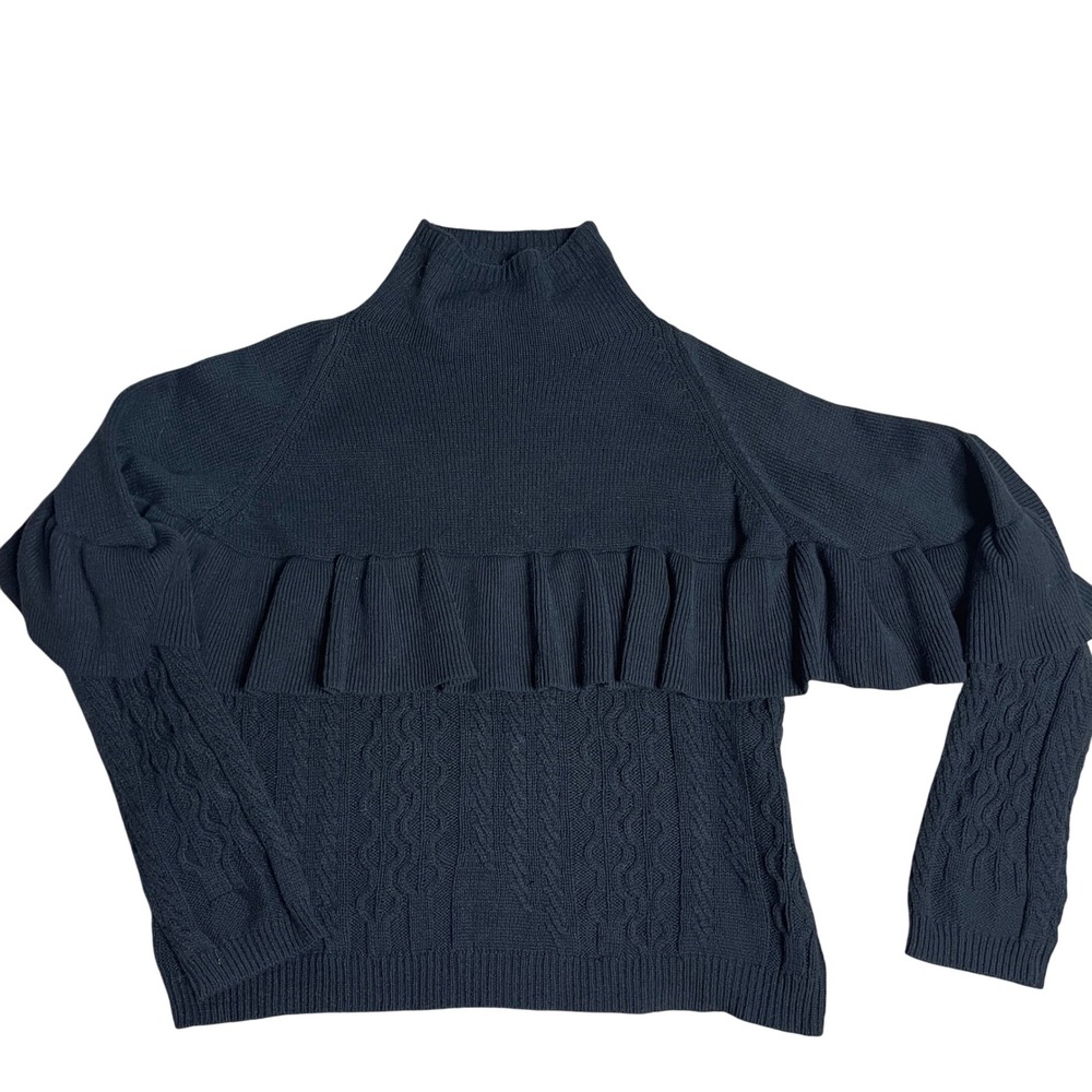 Project Naadam‎ Ruffle Mock Neck Cable Knit Sweater Long Sleeve Pullover